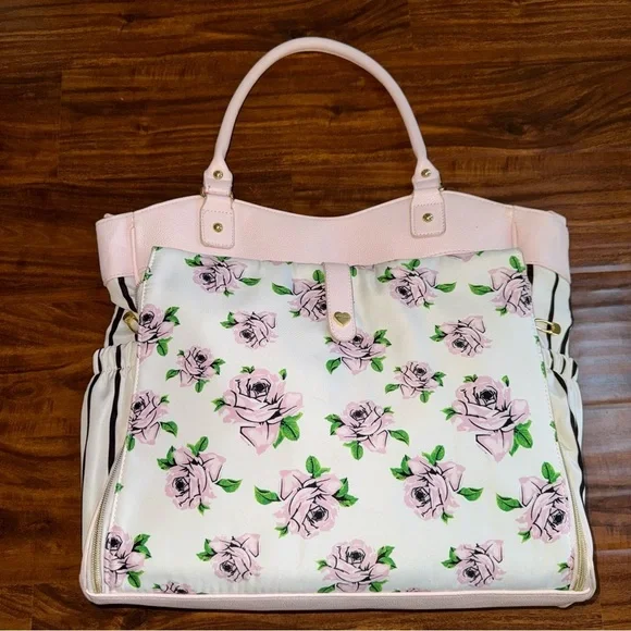Betsey Johnson Diaper Baby Bag Pink Black Roses Like New - Picture 1 of 5